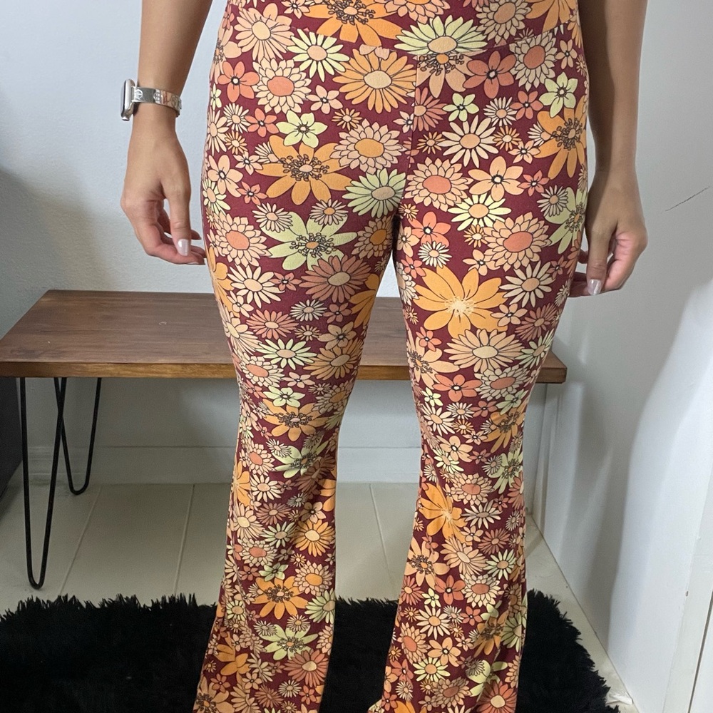 No Boundaries Floral Flare Pants - Orange and Burgundy
